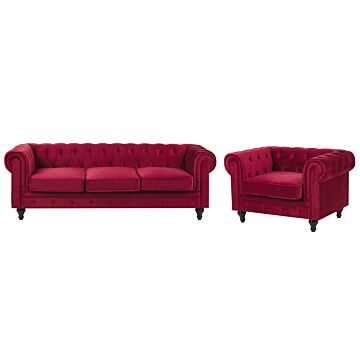 Chesterfield Living Room Set Dark Red Velvet Upholstery Black Legs 3 Seater Sofa + Armchair Beliani