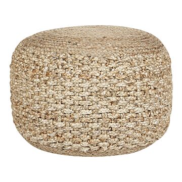 Pouf Ottoman Beige Knitted Jute Eps Beads Filling Round Small Footstool 50 X 35 Cm Boho Style Living Room Beliani