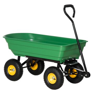 Outsunny 75 Litre Large Garden Cart Heavy Duty 4 Wheel Trolley Dump Wheelbarrow Tipping Truck Trailer - Green