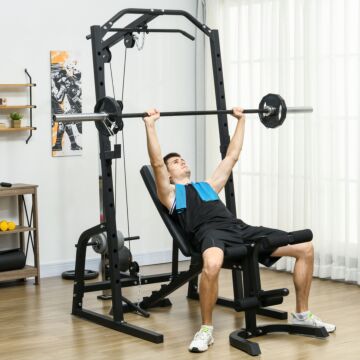 Sportnow Smith Machine & Cable Pulley System With Adjustable Weight Bench, Multifunction Home Gym Power Rack With Lat Pull Down System, Barbell Rack For Full Body Training, Black