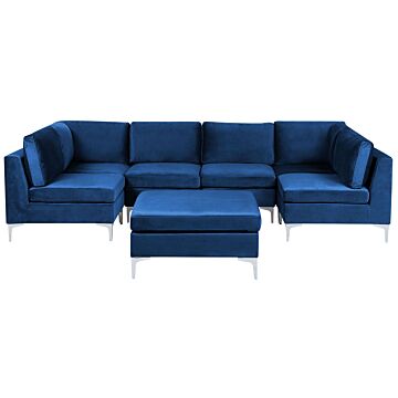 Modular Sofa Blue Velvet U Shape 6 Seater With Ottoman Silver Metal Legs Glamour Style Beliani