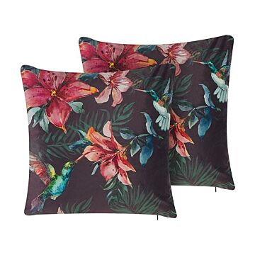 Set Of 2 Scatter Cushions Multicolour Velvet 45 X 45 Cm Tropical Pattern Flower Print Decorative Throw Pillows Removable Covers Zipper Closure Beliani