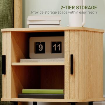 Homcom Bedside Table, Nordic Side Table With Roller Shutter Style Sliding Doors And Metal Legs For Bedroom, Living Room, Oak Tone