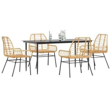 Vidaxl 5 Piece Garden Dining Set Brown Poly Rattan Glass