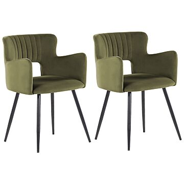 Set Of 2 Chairs Olive Green Velvet With Armrests Cut-out Backrest Black Metal Legs Beliani