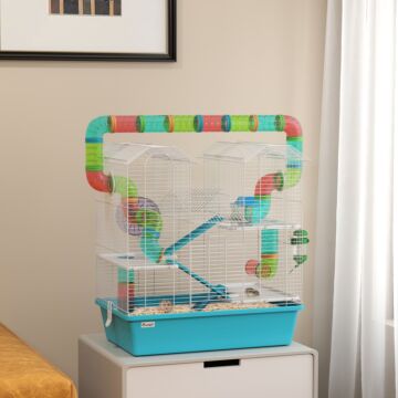 Pawhut 4 Tier Hamster Cage W/ Tubes, Exercise Wheel, Hut, Water Bottle, Food Dish, Ramps, For Drawf, 58 X 36 X 65cm, Light Blue