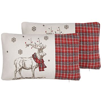 Set Of 2 Scatter Cushions Red Polyester Fabric 30 X 50 Cm Reindeer Print Off-white Background With Filing Beliani
