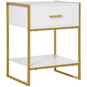 Homcom Modern Bedside Table, Bedside Cabinet With Drawer Shelf, Storage Organizer For Bedroom, Living Room, White And Gold