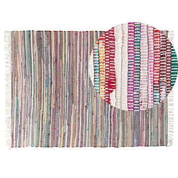 Area Rug Light Multicolour Cotton Polyester 140 X 200 Cm Striped With Fringe Rectangular Handmade Boho Eclectic Beliani