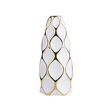 Flower Table Vase White With Gold Stoneware 36 Cm Geometric Beliani