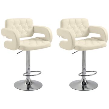 Upholstered Swivel Bar Stool, Set Of 2 Height Adjustable Barstool With Back, Armrest, Footrest For Kitchen, White