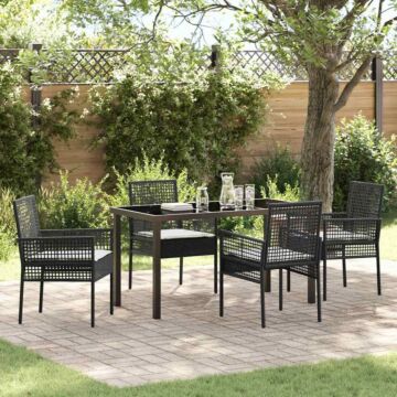 Vidaxl 5 Piece Garden Dining Set With Cushions Black Poly Rattan