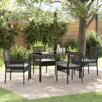 Vidaxl 5 Piece Garden Dining Set With Cushions Black Poly Rattan