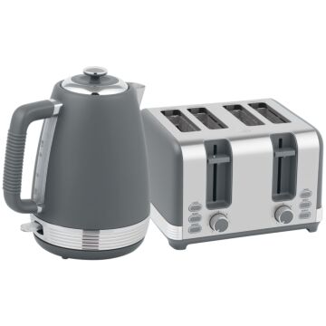 Homcom Stainless Steel Kettle And Toaster Set, 1.7l 3000w Rapid Boil Jug Kettle With Uk Strix Thermostat, Limescale Filter, 4 Slice Toaster With 7 Browning Controls, Crumb Tray, Grey And Silver Tone