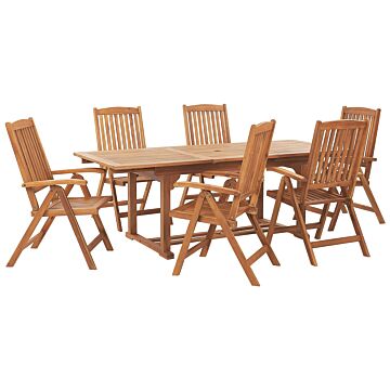 Garden Dining Set Acacia Wood Cushions 6 Seater Adjustable Foldable Chairs Outdoor Country Style Beliani