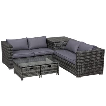 Outsunny 4-seater Rattan Wicker Garden Furniture Patio Sofa Storage & Table Set W/ 2 Drawers Coffee Table,great Cushioned 4 Seats Corner Sofa - Grey