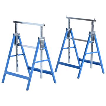 Homcom Set Of 2 Adjustable Telescopic Builders Trestle Diy Steel Work Bench Carpenter Folding Saw Horse Tools Blue