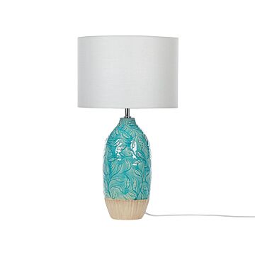Table Lamp Turquoise Ceramic Adorned Base White Fabric Shade Boho Rustic Design Home Lightning Beliani