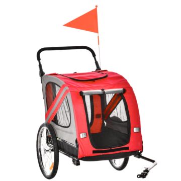 Pawhut Dog Bike Trailer 2-in-1 Pet Stroller Cart Bicycle Carrier Attachment For Travel In Steel Frame With Universal Wheel Reflectors Flag Red