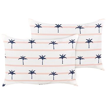 Set Of 2 Garden Cushions White Polyester Palm Pattern 40 X 60 Cm Rectangular Modern Outdoor Patio Water Resistant Beliani