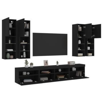 Vidaxl 7 Piece Tv Wall Cabinet Set With Led Lights Black