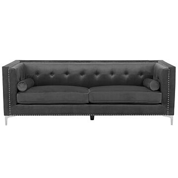 Velvet 3 Seater Sofa Dark Grey Glamour Buttoned Back Beliani