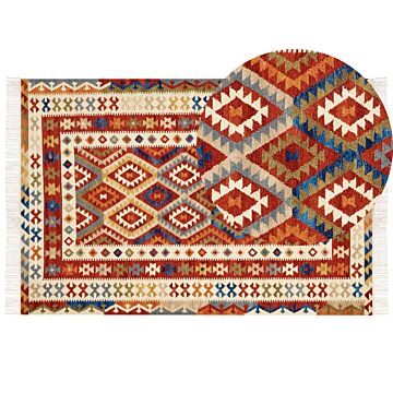 Kilim Area Rug Multicolour Wool 200 X 300 Cm Hand Woven Flat Weave Geometrical Pattern With Tassels Traditional Living Room Bedroom Beliani