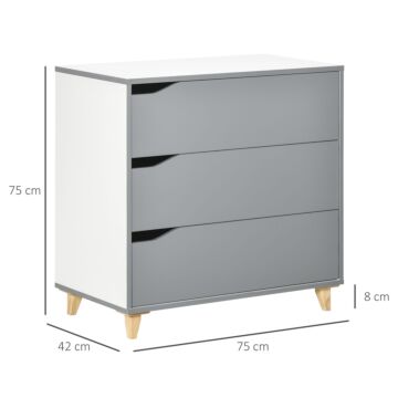 Homcom Drawer Chest, 3-drawer Storage Cabinet Unit With Pine Wood Legs, 75cmx42cmx75cm, Grey