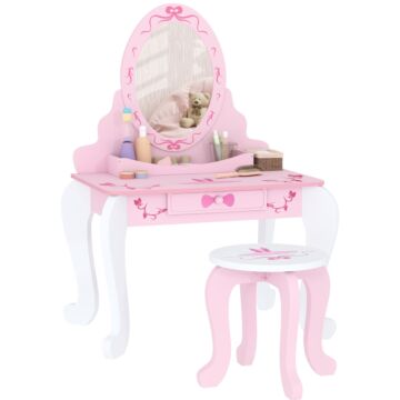 Aiyaplay Kids Dressing Table Set, Vanity Table With Stool, Mirror, Drawer, Desktop Storage, Ballet Theme, Pink