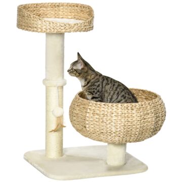 Pawhut 72cm Cat Tree, Kitty Activity Center, Cat Climbing Toy, Cat Tower With 2 Cattail Beds Ball Toy Sisal Scratching Post, Beige
