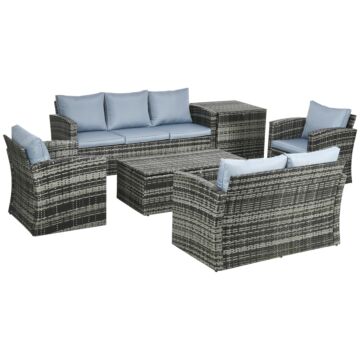 Outsunny 6 Piece Outdoor Rattan Wicker Sofa Set Sectional Patio Conversation Furniture Set W/ Storage Table & Cushion Mixed Grey