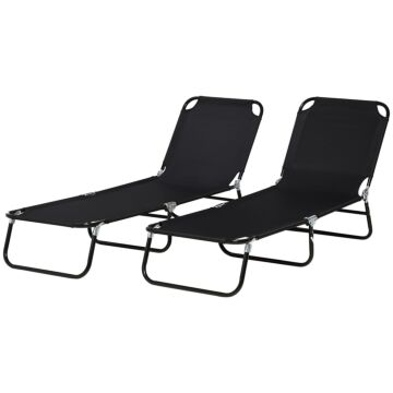 Outsunny Folding Sun Loungers Set Of 2, Outdoor Day Bed With Reclining Back, Steel Recliner Garden Chairs With Breathable Mesh For Beach, Patio, Black