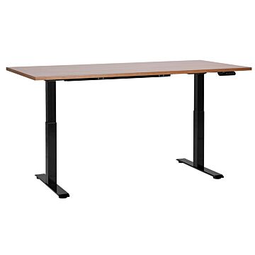 Electrically Adjustable Desk Dark Wood Tabletop Black Steel Frame 160 X 72 Cm Sit And Stand Square Feet Modern Design Beliani