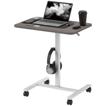 Homcom Height Adjustable Standing Desk, Pneumatic Sit Stand Desk For Laptop, Mobile Overbed Table With Wheels And Headphone Hook For Home Office, Grey