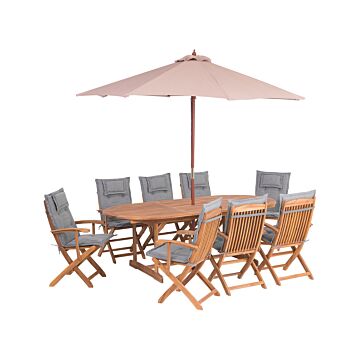 Outdoor Dining Set Light Acacia Wood With Grey Cushions 8 Seater Table Folding Chairs Beige Umbrella Rustic Design Beliani