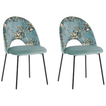 Set Of 2 Dining Chairs Green Velvet Upholstery Floral Pattern Black Legs Retro Glamour Beliani