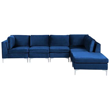 Left Hand Modular Corner Sofa Blue Velvet 5 Seater With Ottoman L-shaped Silver Metal Legs Glamour Style Beliani