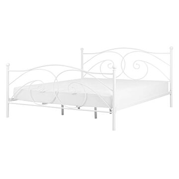 Eu Double Size Panel Bed 4ft6 White Metal Frame Slatted Base Retro Beliani