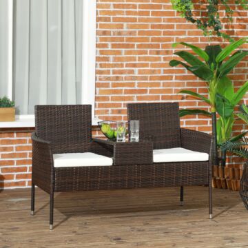 Outsunny Two-seat Rattan Chair, With Middle Table - Brown