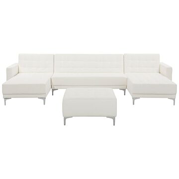 Corner Sofa Bed White Faux Leather Tufted Modern U-shaped Modular 5 Seater With Ottoman Chaise Lounges