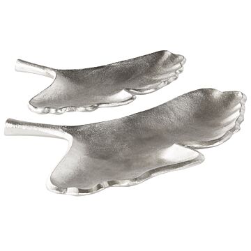 Trinket Dish Set Silver Metal 2 Jewellery Ring Holder Tray Ginkgo Leaf Motif Decor Beliani