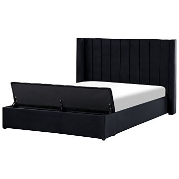 Eu King Size Panel Bed Black Velvet 5ft5 Slatted Base High Headrest With Storage Bench Beliani