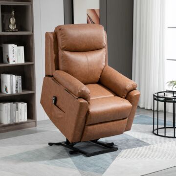 Homcom Power Lift Chair Electric Riser Recliner For Elderly, Faux Leather Sofa Lounge Armchair With Remote Control And Side Pocket, Brown