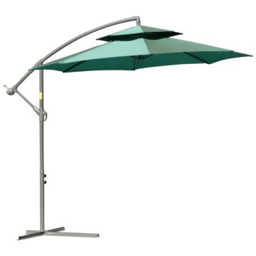 Outsunny 2.7m Banana Parasol Cantilever Umbrella With Crank Handle , Double Tier Canopy And Cross Base For Outdoor, Hanging Sun Shade, Green