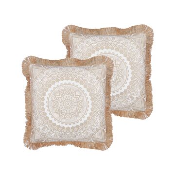 2 Cushions Beige And White Polyester Cover 45 X 45 Cm Boho Print Decorative Tassels Living Room Decor Beliani