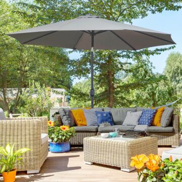 Outsunny 3(m) Tilting Parasol Garden Umbrellas, Outdoor Sun Shade With 8 Ribs, Tilt And Crank Handle For Balcony, Bench, Garden, Dark Grey