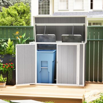 Outsunny 4.7 X 2.5ft Garden Shed, Double Bin Storage Shed With Lockable Doors, Outdoor Small Shed With Openable Lid For 2 Trash Cans, Garden Tools, Grey