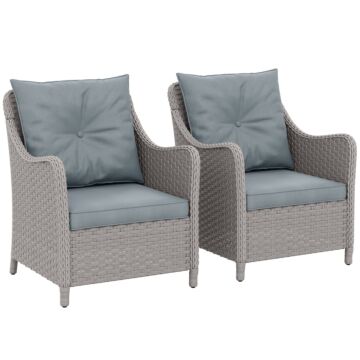 Outsunny Rattan Garden Chairs Set Of 2, Outdoor Rattan Chairs With Cushions, Armrests And High Back, Pe Wicker Garden Armchair With Steel Frame For Balcony, Porch, Light Grey
