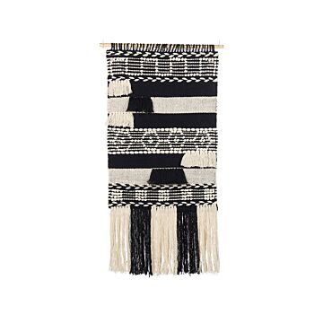 Wall Hanging Beige Cotton Handwoven With Tassels Geometric Pattern Wall Décor Hanging Decoration Boho Style Living Room Bedroom Beliani