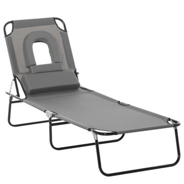 Outsunny Sun Lounger Foldable Reclining Chair With Pillow And Reading Hole Garden Beach Outdoor Recliner Adjustable Grey